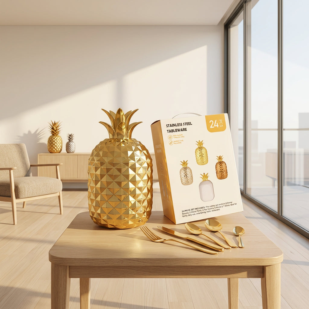 Stainless Steel Golden Cutlery Set With Pineapple Storage Stand (24 Pc Set)