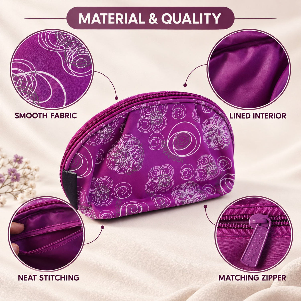 Floral Cosmetic Zipper Pouch With Attached Mirror For Travel Storage (20x11 Cm)