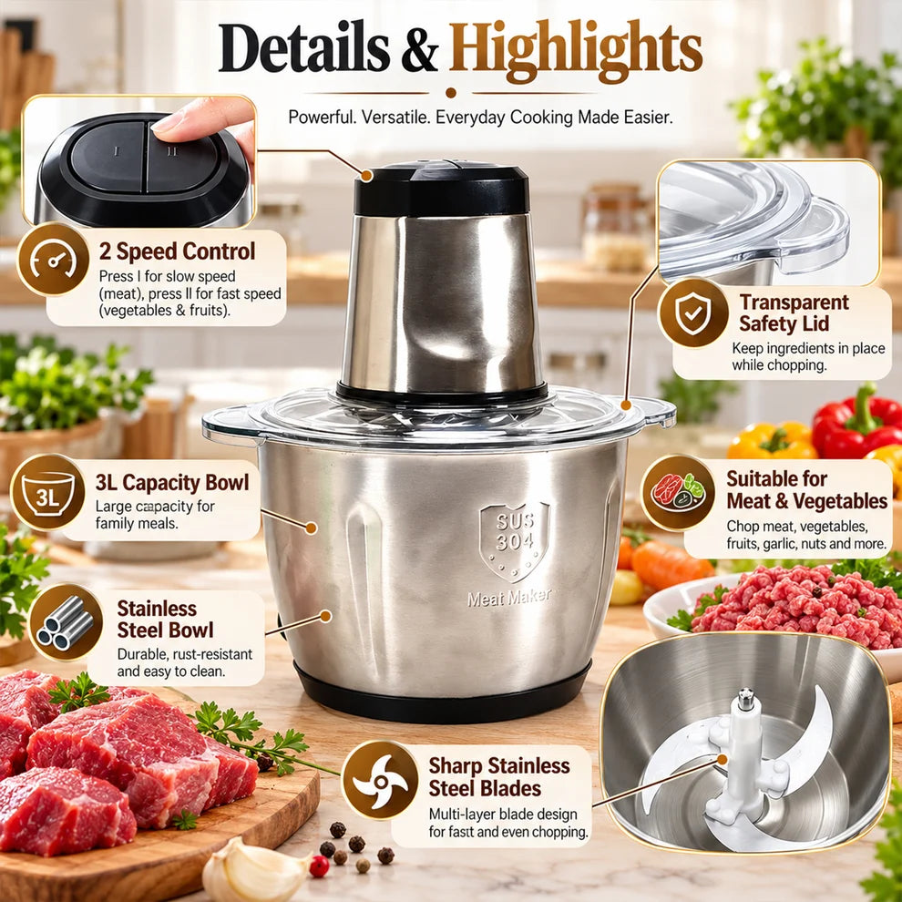 Stainless Steel Electric Meat Grinders With Bowl Heavy For Kitchen Food Chopper Meat Vegetables Onion  Garlic Slicer Dicer Fruit  Nuts Blender (3l 300watts)