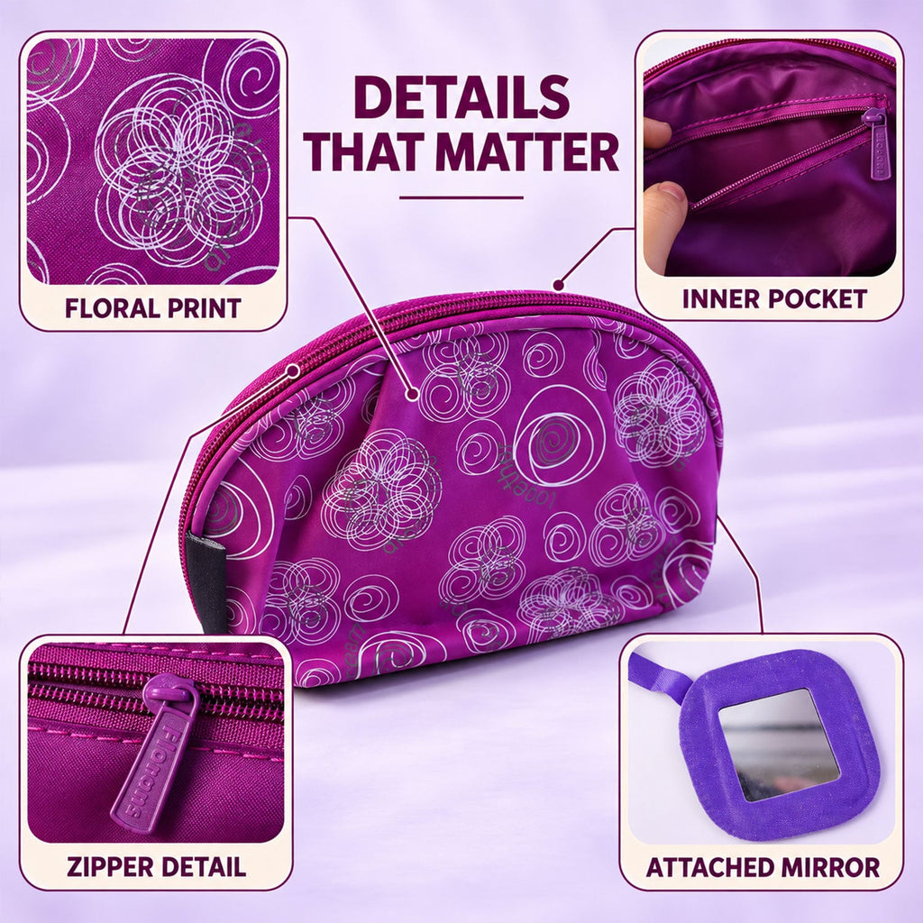 Floral Cosmetic Zipper Pouch With Attached Mirror For Travel Storage (20x11 Cm)