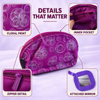 Floral Cosmetic Zipper Pouch With Attached Mirror For Travel Storage (20x11 Cm)