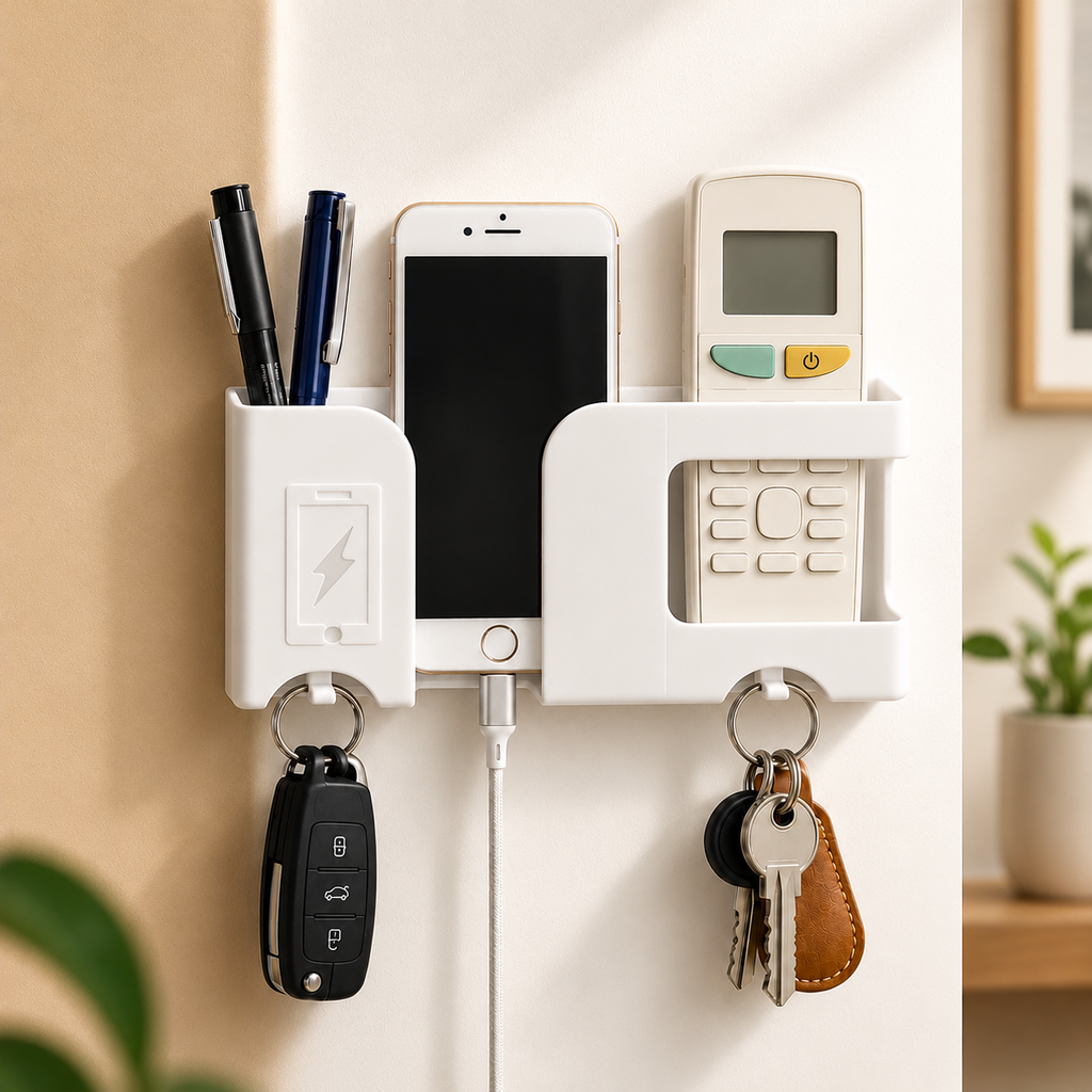 Wall Mounted Mobile Charging Stand With Remote And Pen Storage Holder (1 Pc)