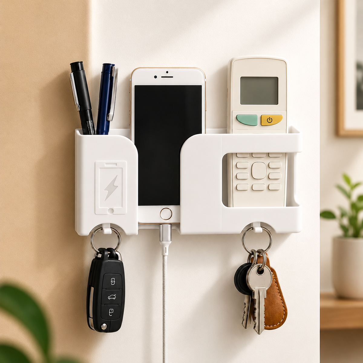 Wall Mounted Mobile Charging Stand With Remote And Pen Storage Holder (1 Pc)