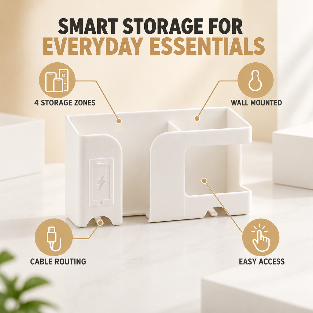 Wall Mounted Mobile Charging Stand With Remote And Pen Storage Holder (1 Pc)