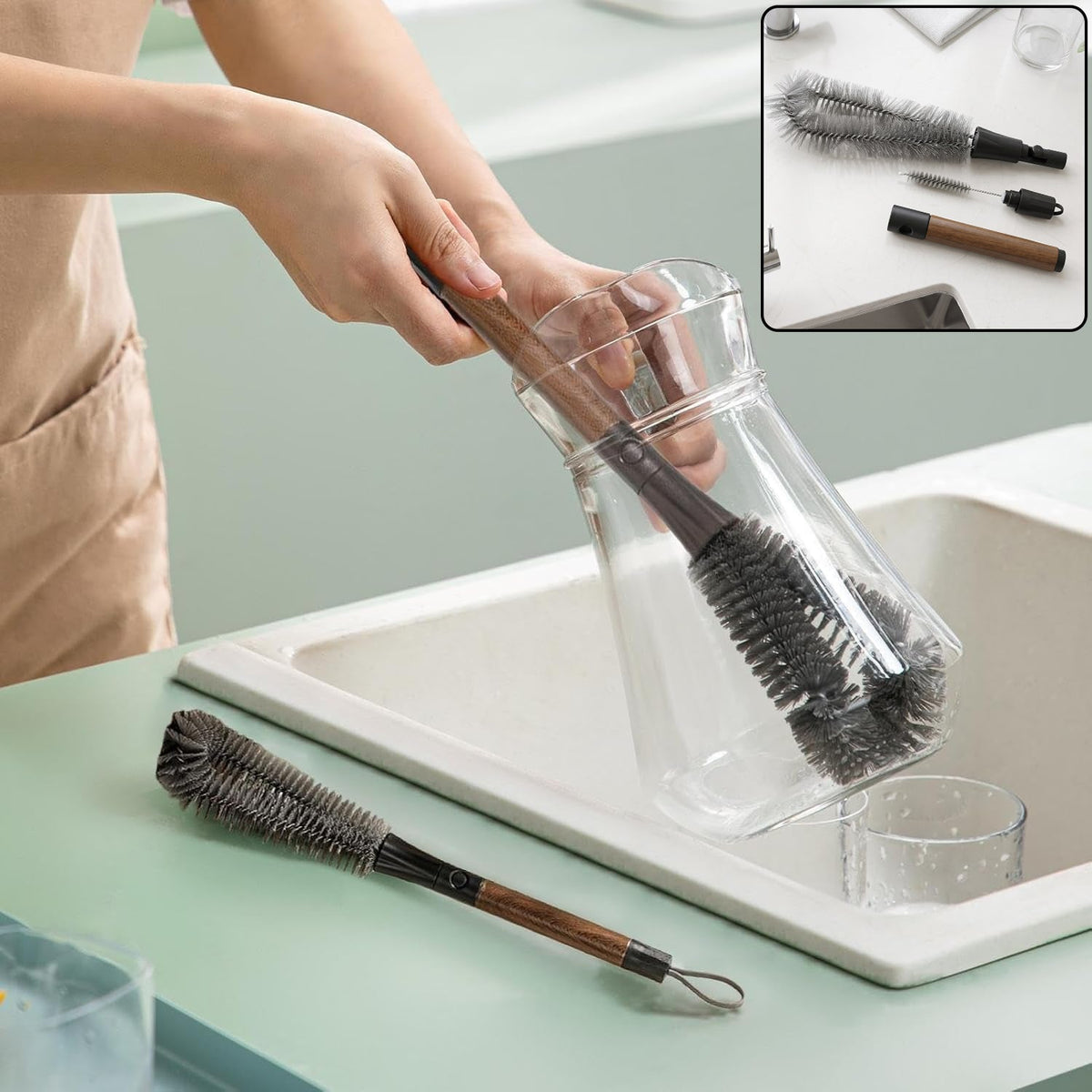 2 In 1 Detachable Dual Head Bottle Cleaning Brush With Long Grip Handle (1 Pc)