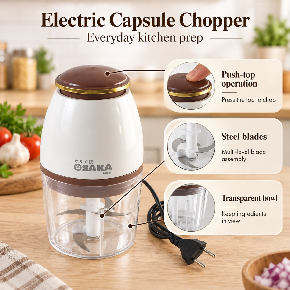 Electric Vegetable Chopper With Steel Blades For Kitchen Prep (700 Ml)